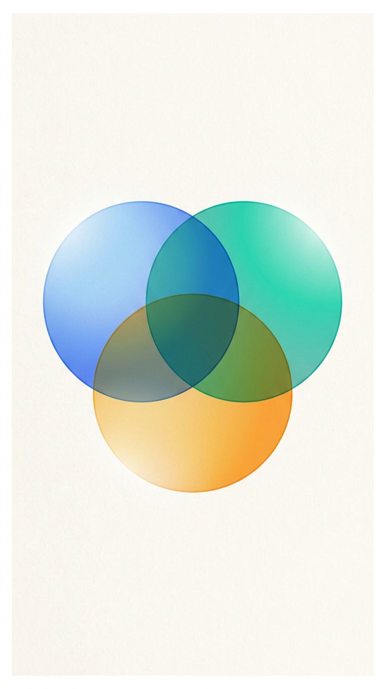 Three overlapping translucent circles in blue, teal, and amber on an off-white background, an abstract Venn diagram representing how SEO, AEO, and GEO overlap