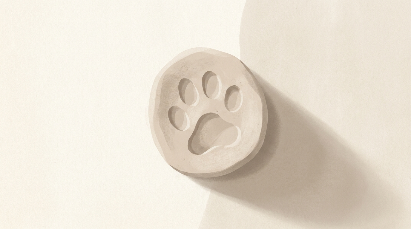 A small paw print pressed into soft pale clay with a gentle shadow and plenty of negative space