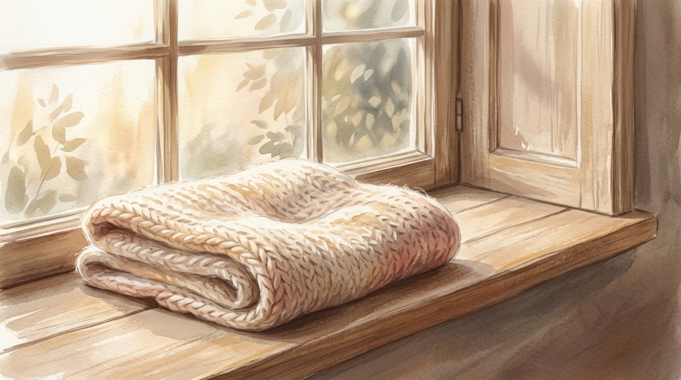A sunlit empty windowsill with a folded knit blanket where a cat used to sleep, in warm cream and dusty-rose tones