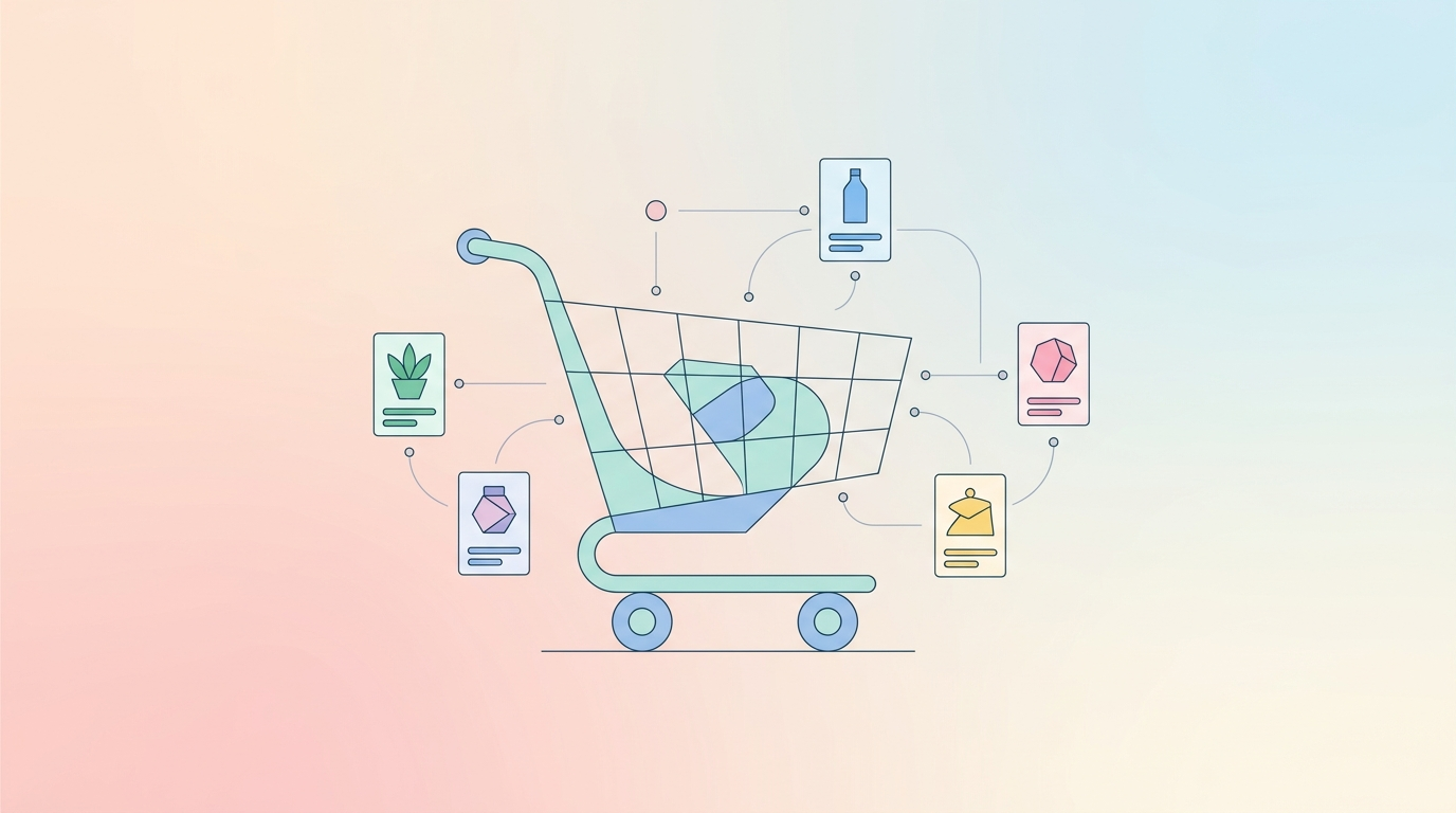 Minimal editorial illustration of a shopping cart built from geometric shapes connected to abstract product cards by thin lines, representing AI shopping agents parsing product data
