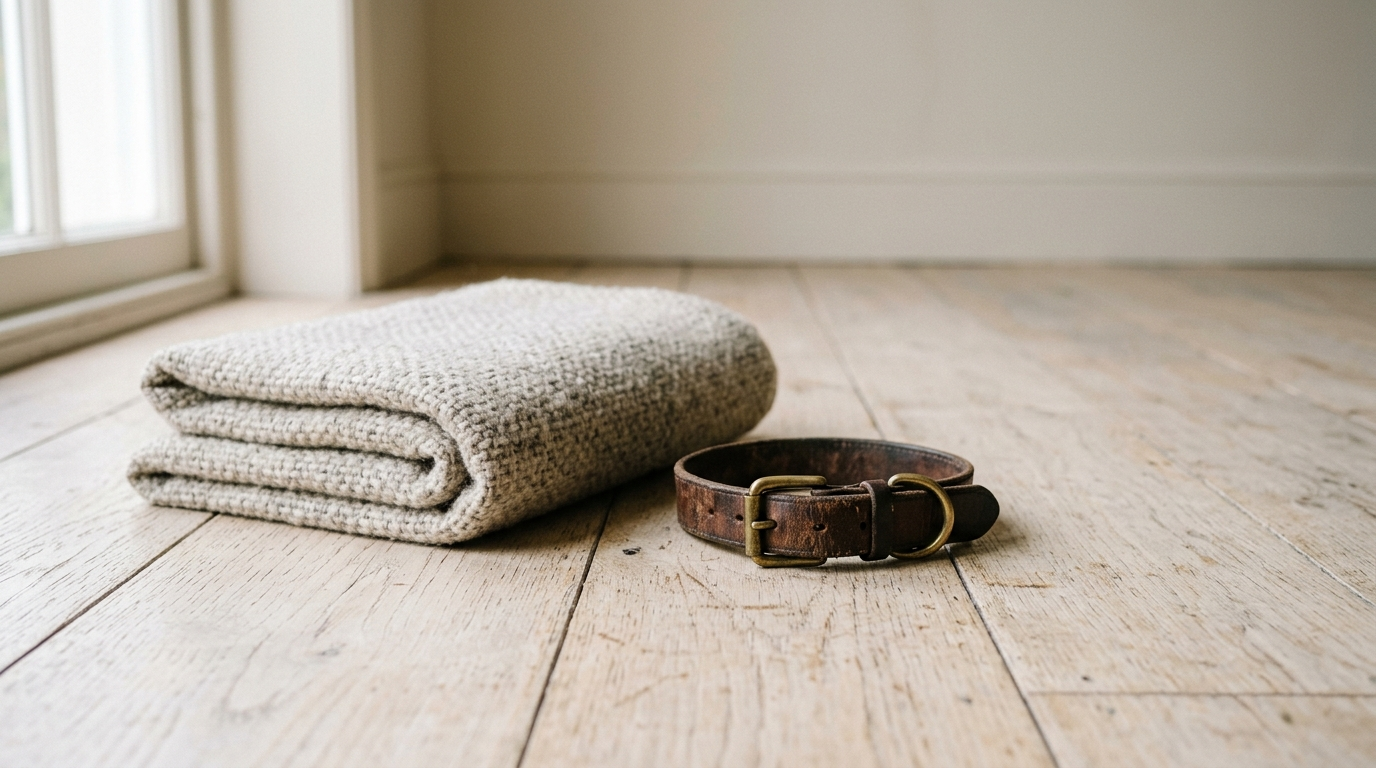 A folded wool blanket and a worn leather dog collar resting on a pale wooden floor in soft window light