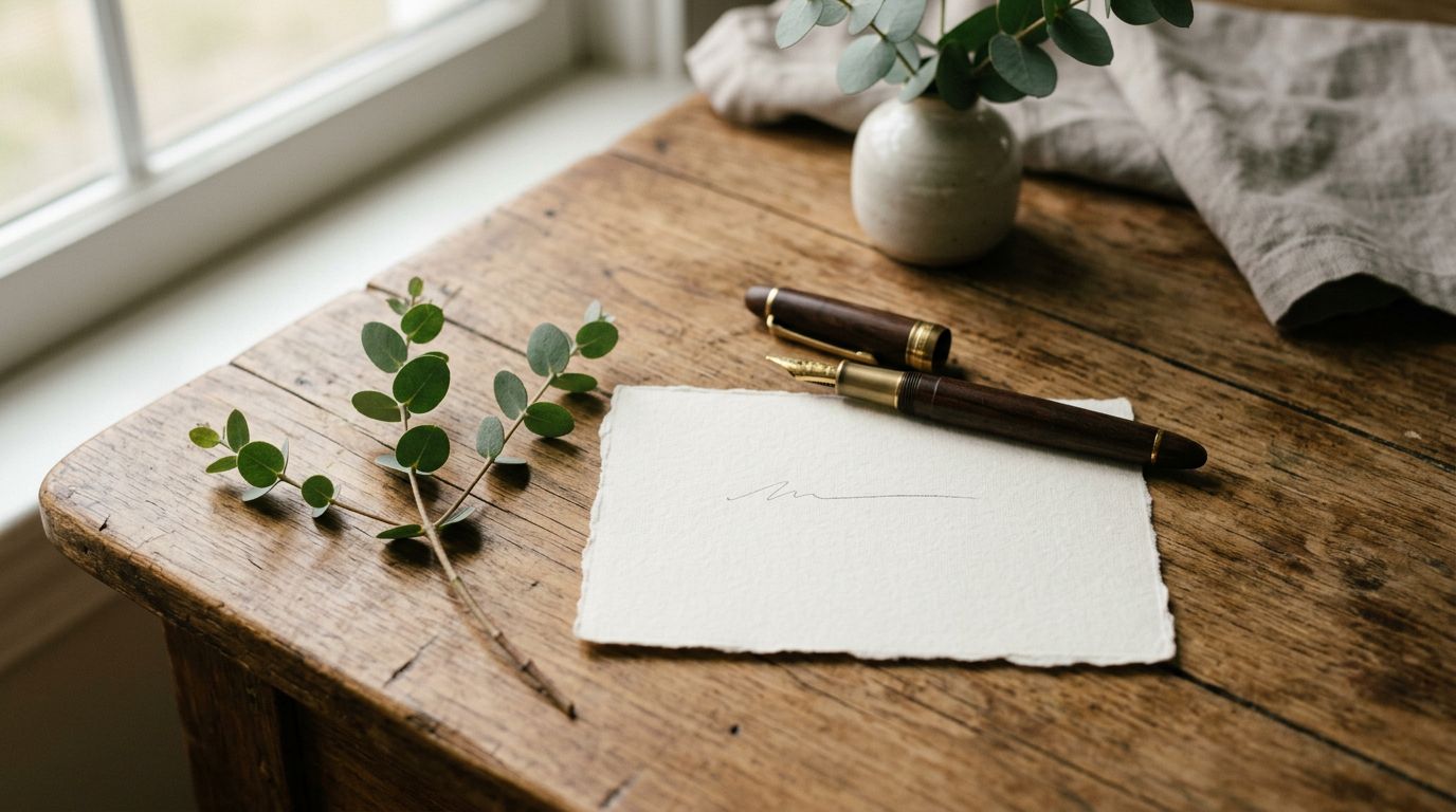 A blank handwritten note card and a pen resting on a warm wooden table beside a sprig of eucalyptus