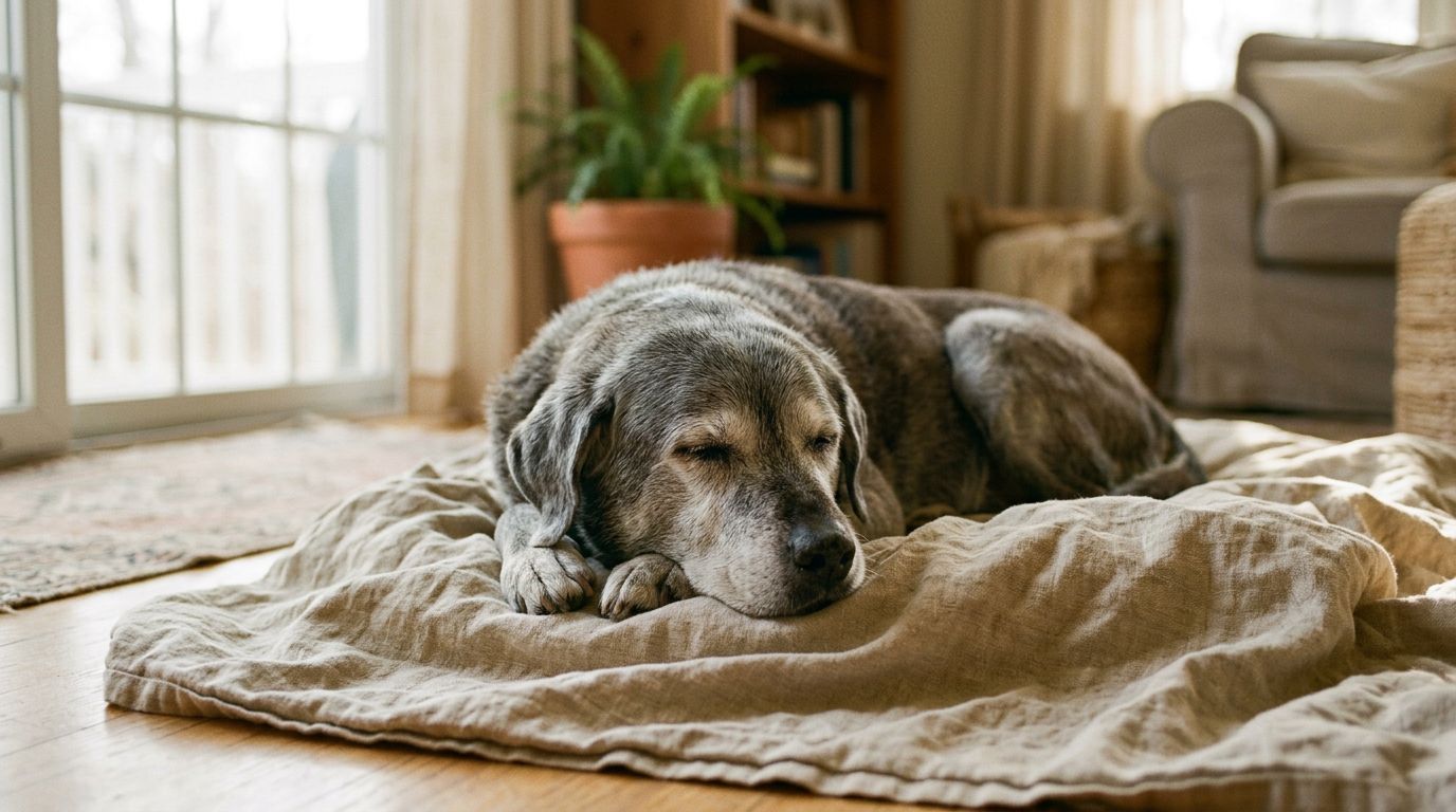 An old grey-muzzled dog resting in warm golden window light at home